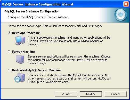 MySQL Server Instance Configuration Wizard:
Server Type